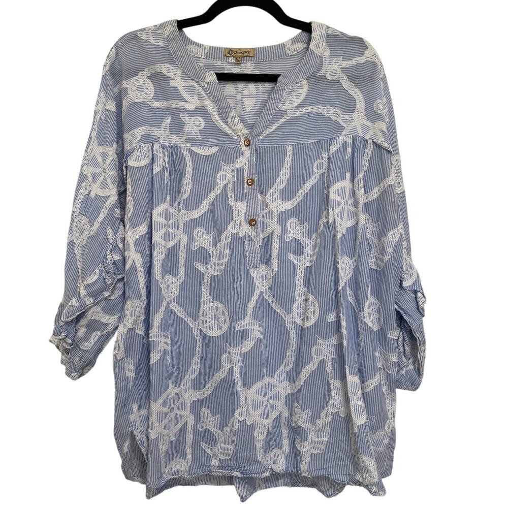 Democracy Blouse Womens 2X Nautical Ruffle Vacation Beachwear Loose Fitting Soft